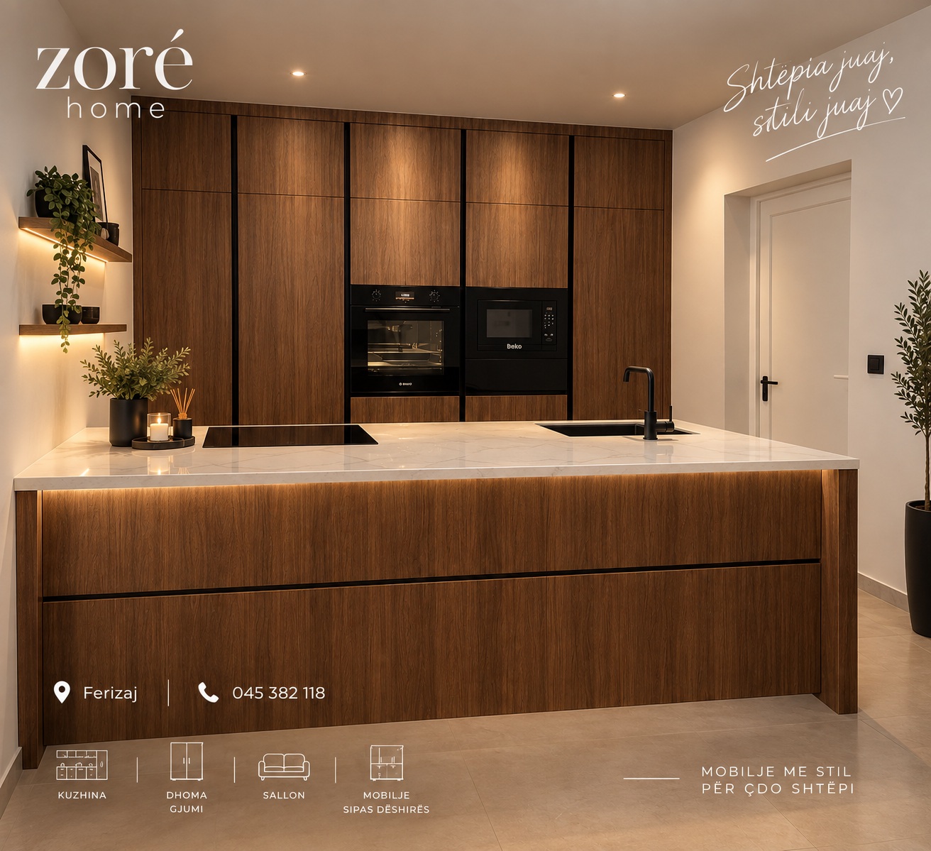 Wood kitchen cabinetry with a light island countertop