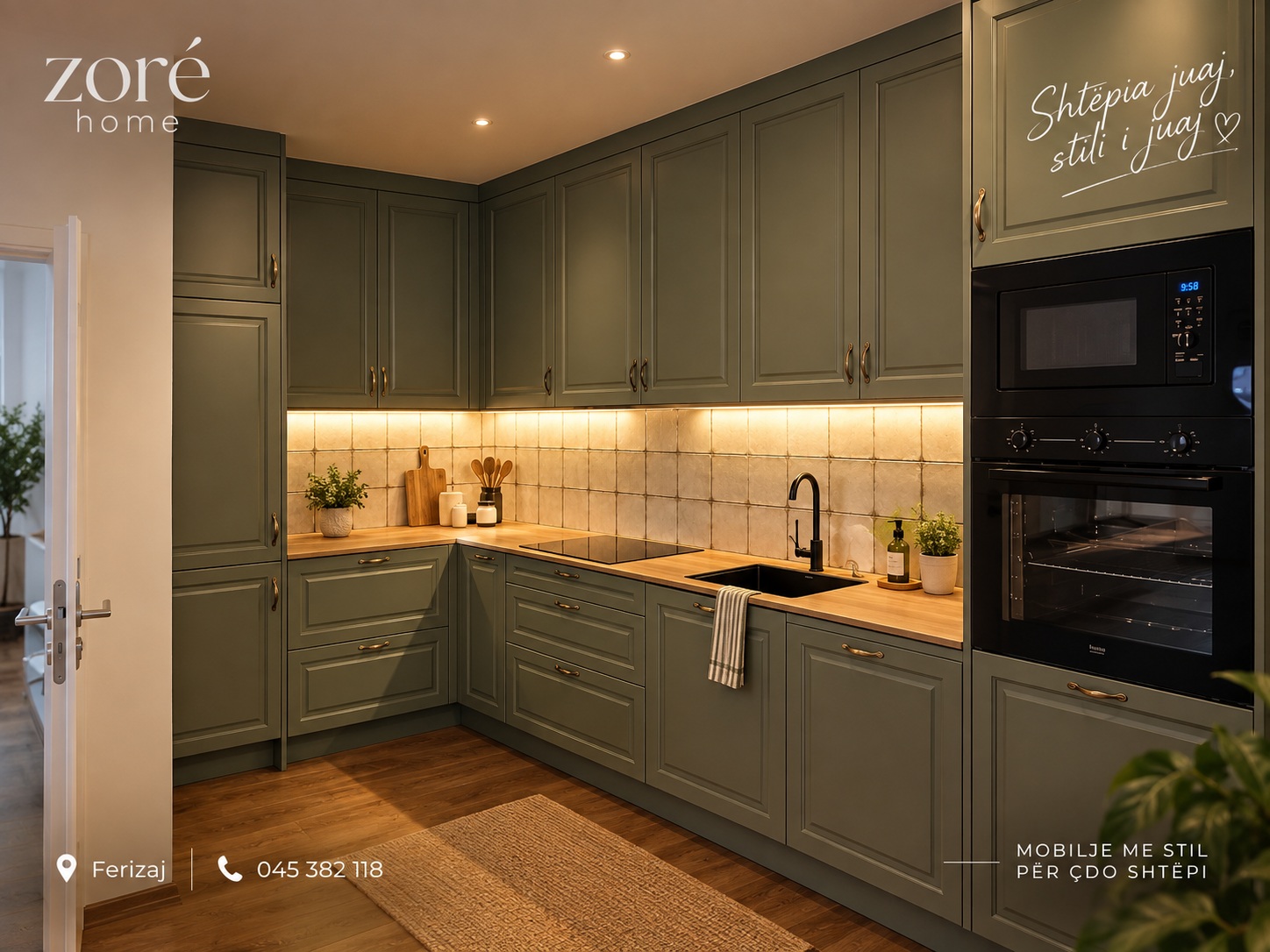 Sage green kitchen with wood accents